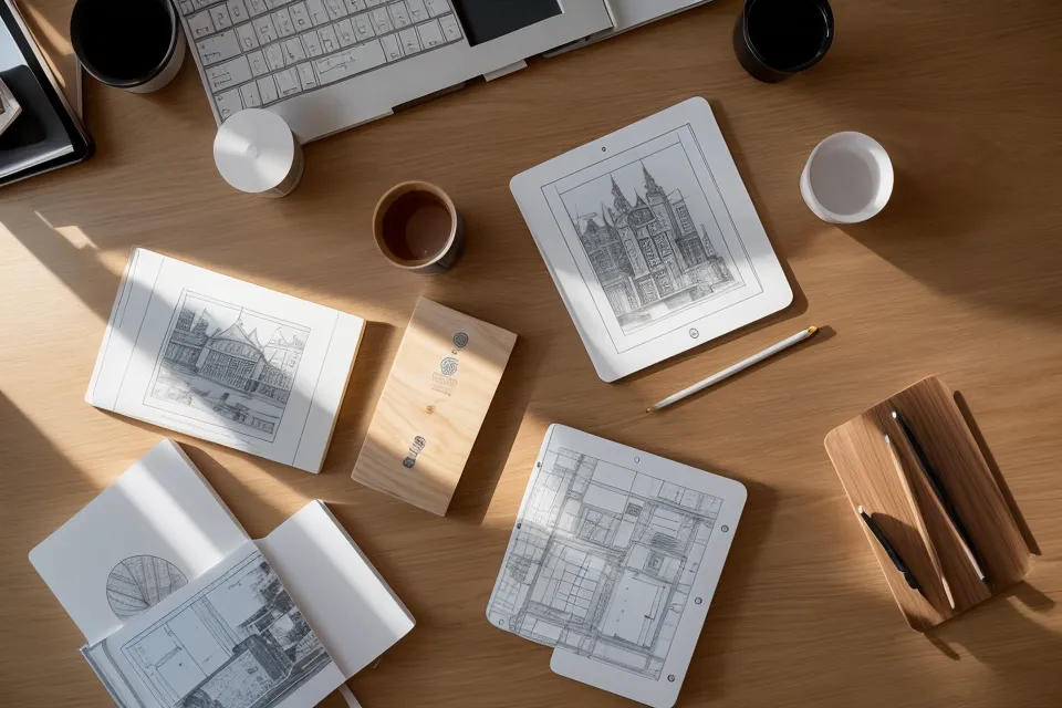 Mesa de trabajo con pruebas de impresión de planos para portafolio de arquitectura digital
