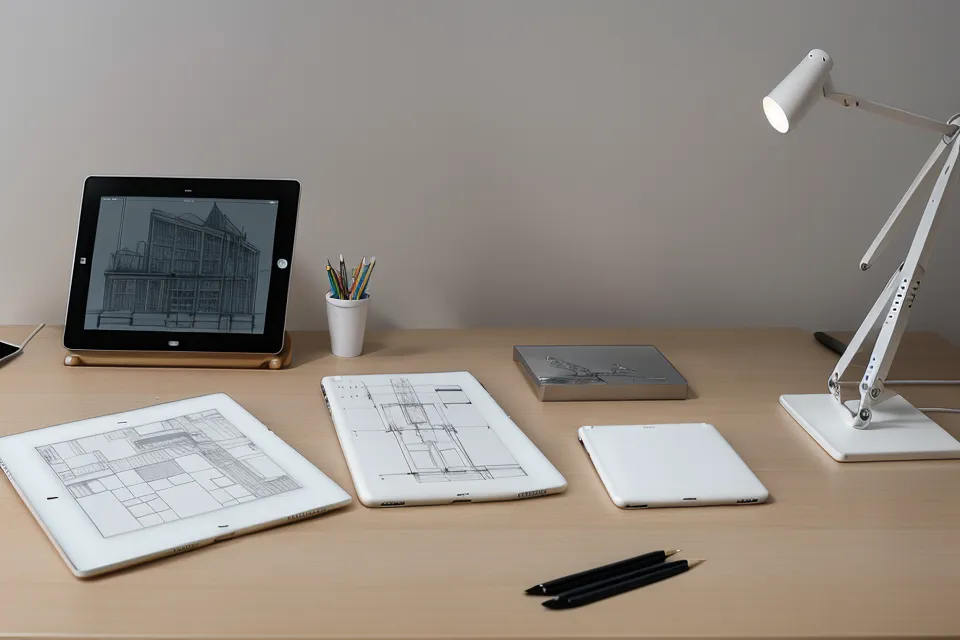 Estudiante de arquitectura revisando su portafolio de láminas de tesis colgadas en la pared