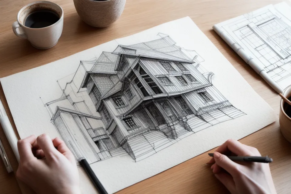 Boceto arquitectónico a mano alzada con rotuladores sobre mesa de dibujo, antes de escanear para Illustrator