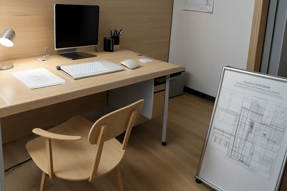 Lámina A1 de arquitectura enrollada sobre la mesa de trabajo tras la entrega del panel