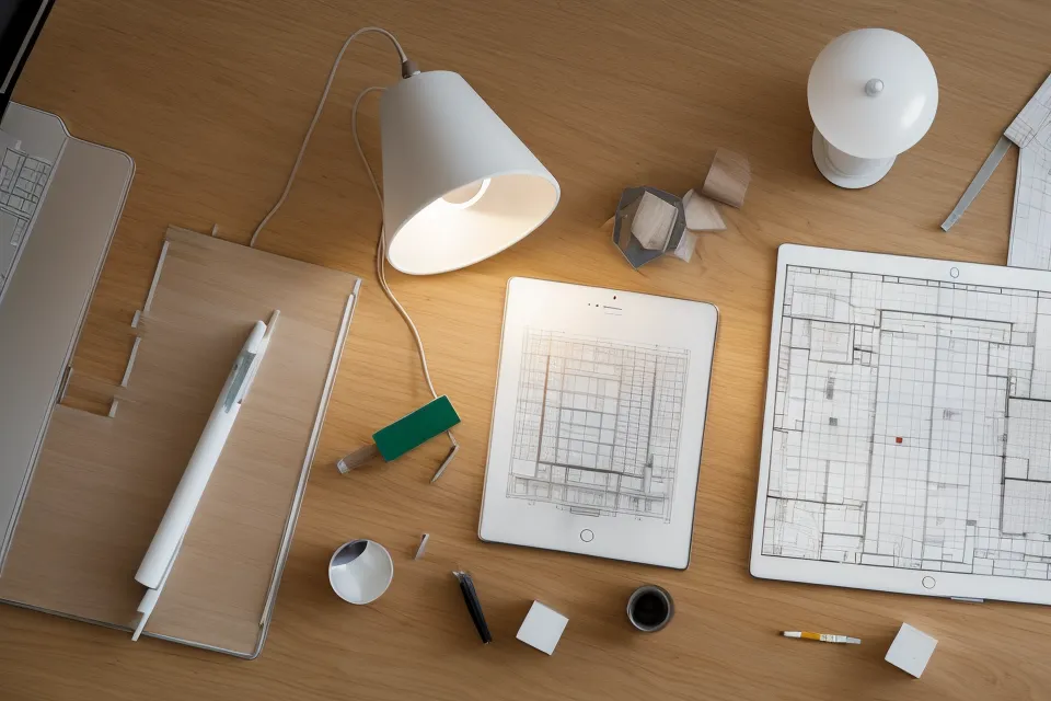 Estudiante de arquitectura revisando láminas de PFC impresas con estilos de trazado definidos