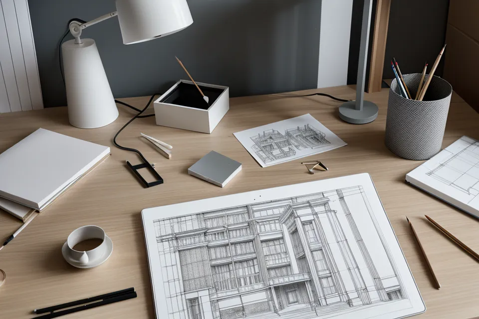 Sección técnica de AutoCAD importada como vectores sueltos en Illustrator antes de montar el collage arquitectónico