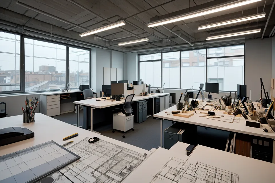 Portfolios de arquitectura impresos comparados sobre la mesa con un escalímetro