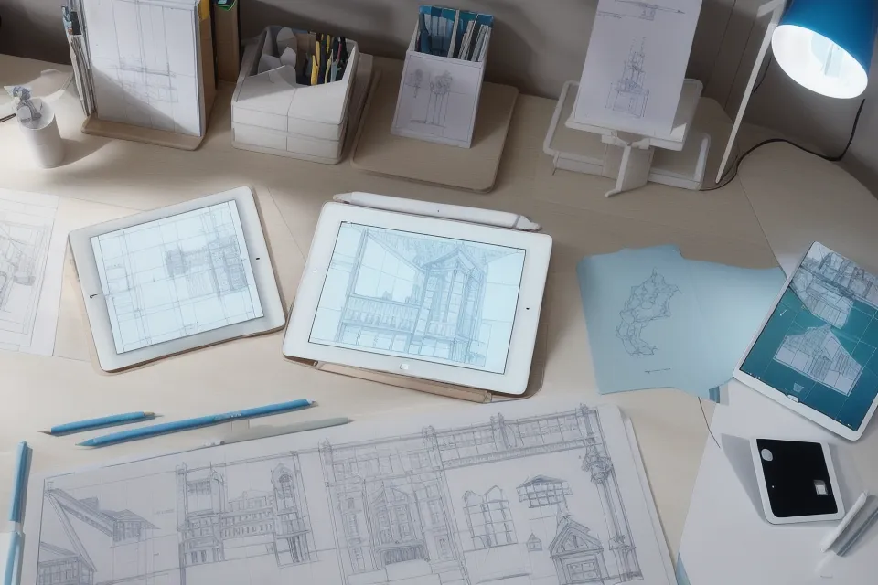 Diagrama isométrico con tonos suaves revisado en una tablet durante el montaje de la lámina