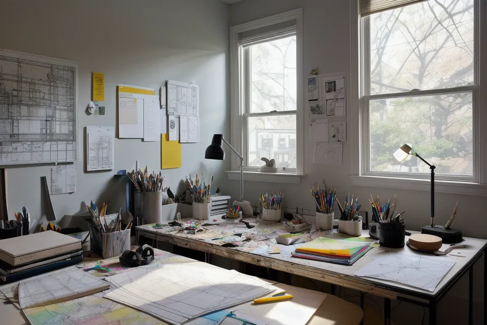 Interior de una copistería con plotter de gran formato imprimiendo láminas de un portfolio de arquitectura