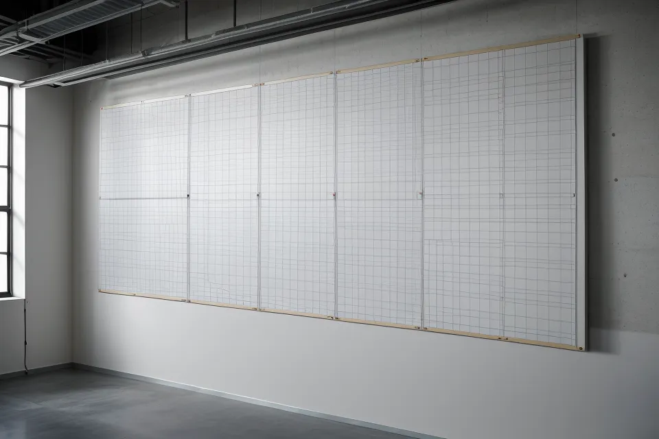 Estudiante de arquitectura colgando un panel de proyecto final de gran formato para la presentación