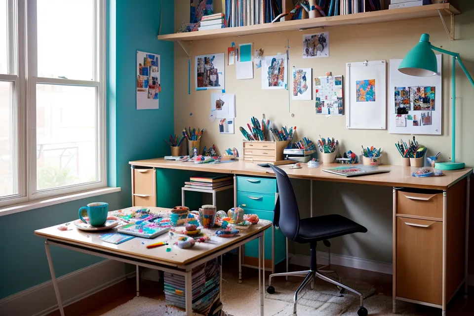 Mesa de trabajo con pruebas de paleta de color y paneles de portfolio de arquitectura