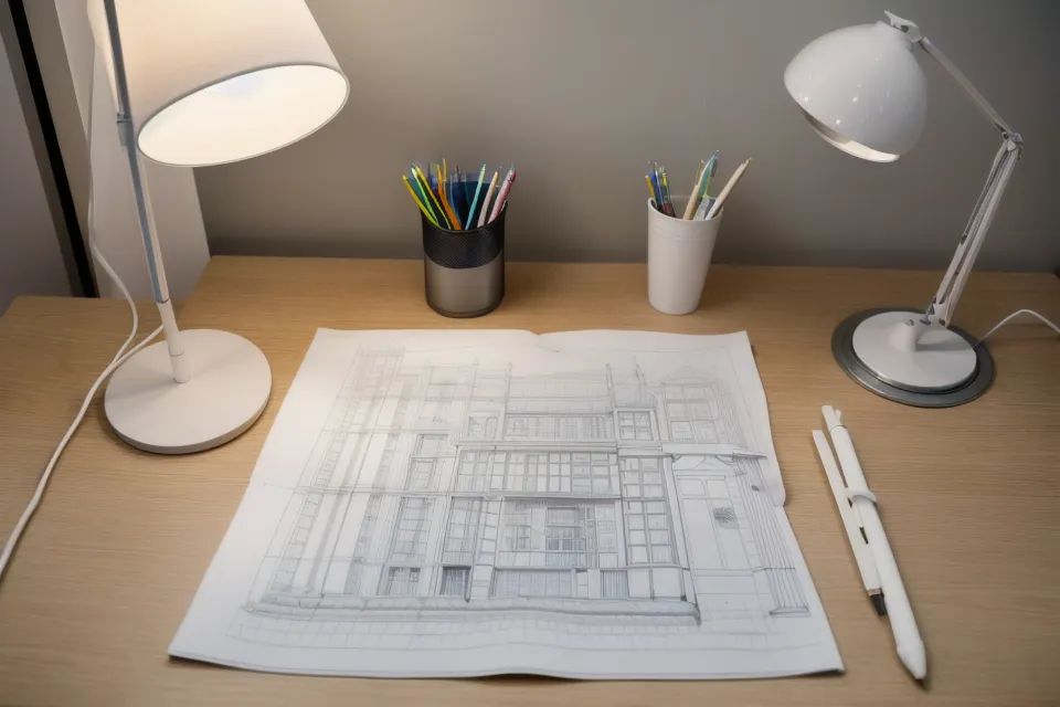 Bote de pintura interactiva de Illustrator aplicado sobre un plano de arquitectura simplificado en sólidos