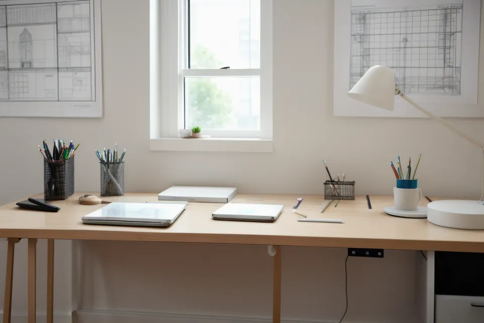 Diagrama axonométrico explotado impreso sobre una mesa de trabajo junto a herramientas de dibujo de arquitectura
