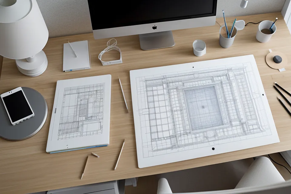 Mano señalando una lámina de arquitectura organizada con una retícula modular clara durante una corrección de proyecto