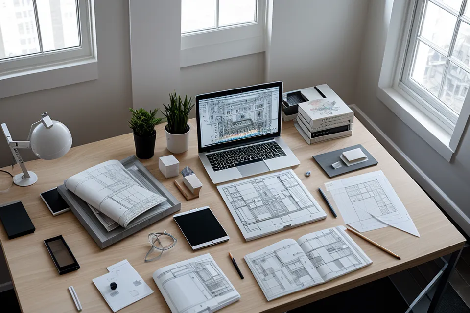Estudiante de arquitectura junto a un plotter de gran formato recogiendo las láminas finales de su portfolio
